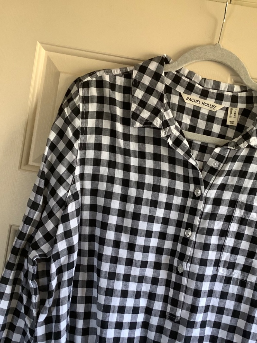 Rachel Hollis Gingham Linen Blend Woven Henley Shirt Black White SZ 14 - Picture 5 of 16